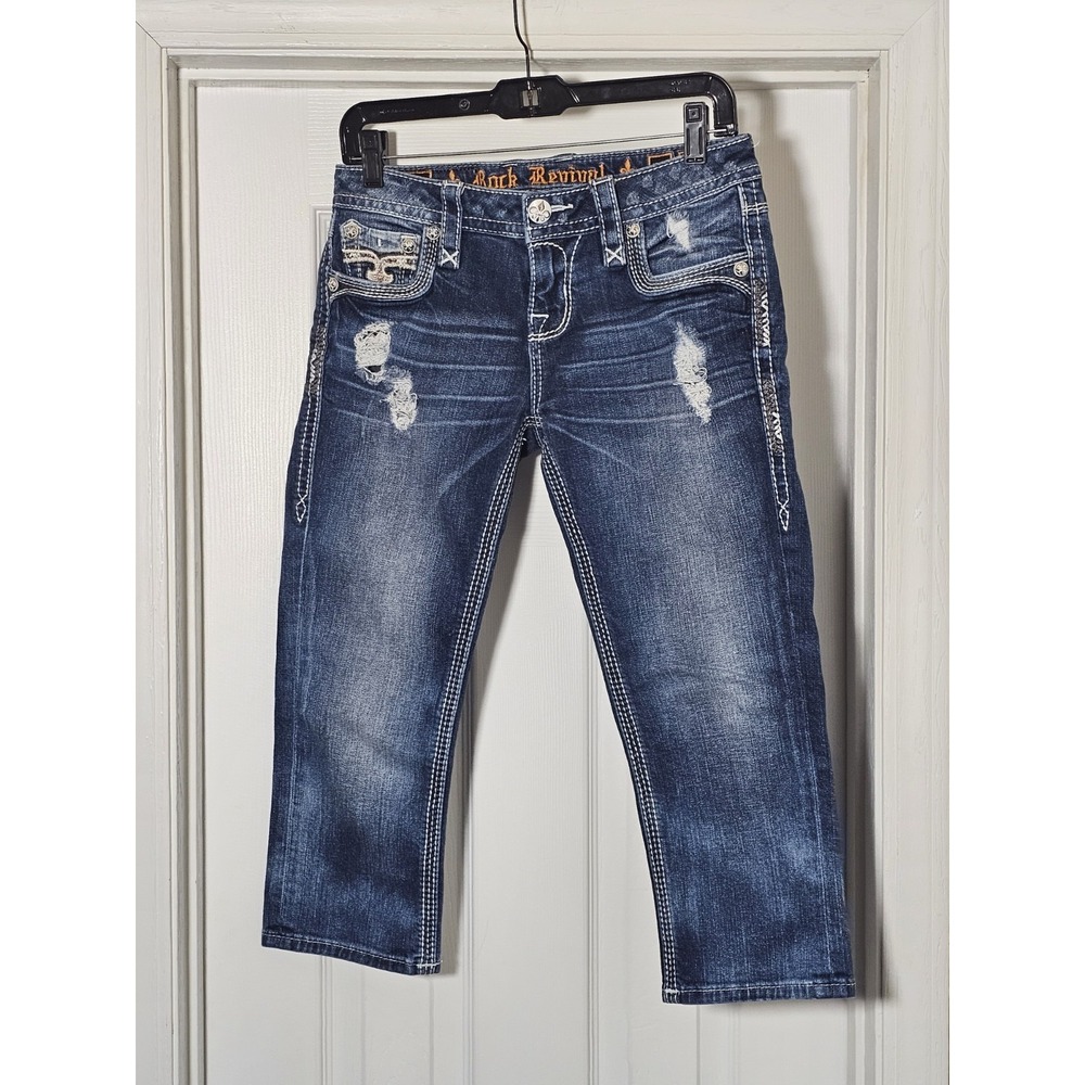 Rock Revival Crop‎ Embroidered Jeans Women's Size 27 Distressed Alexia